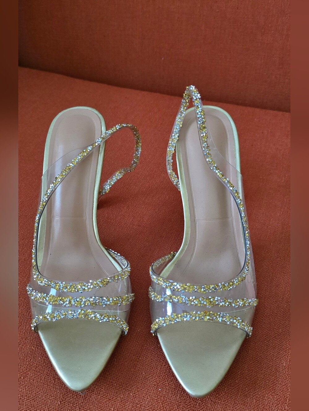 Gold & Glitter Transparent Slingbacks Heels - sz 38